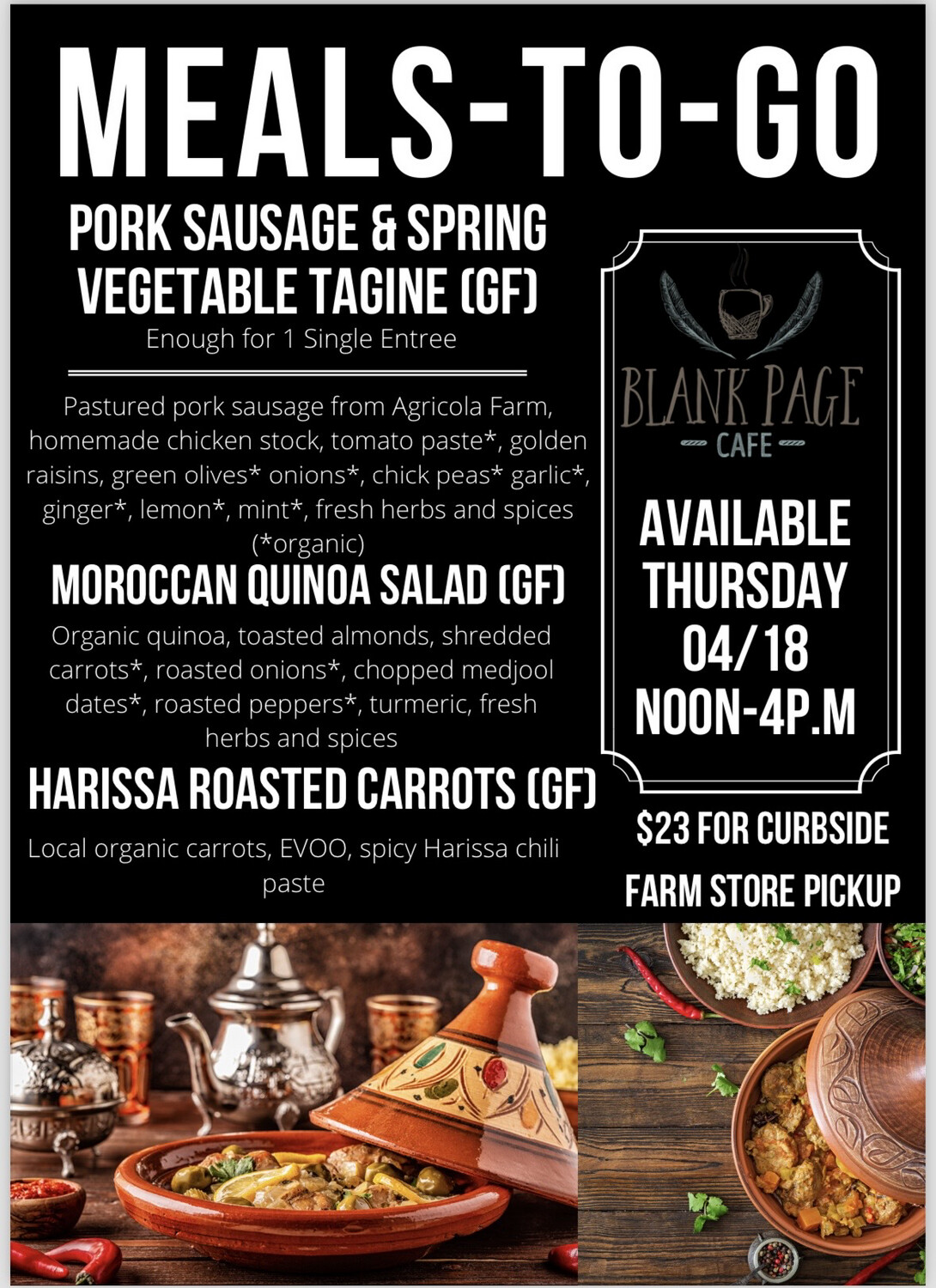 Thursday 4/04 NOON - 4PM PICKUP - Pork Sausage and Spring Vegetable Tagine + Moroccan Quinoa Salad + Harissa Roasted Carrots