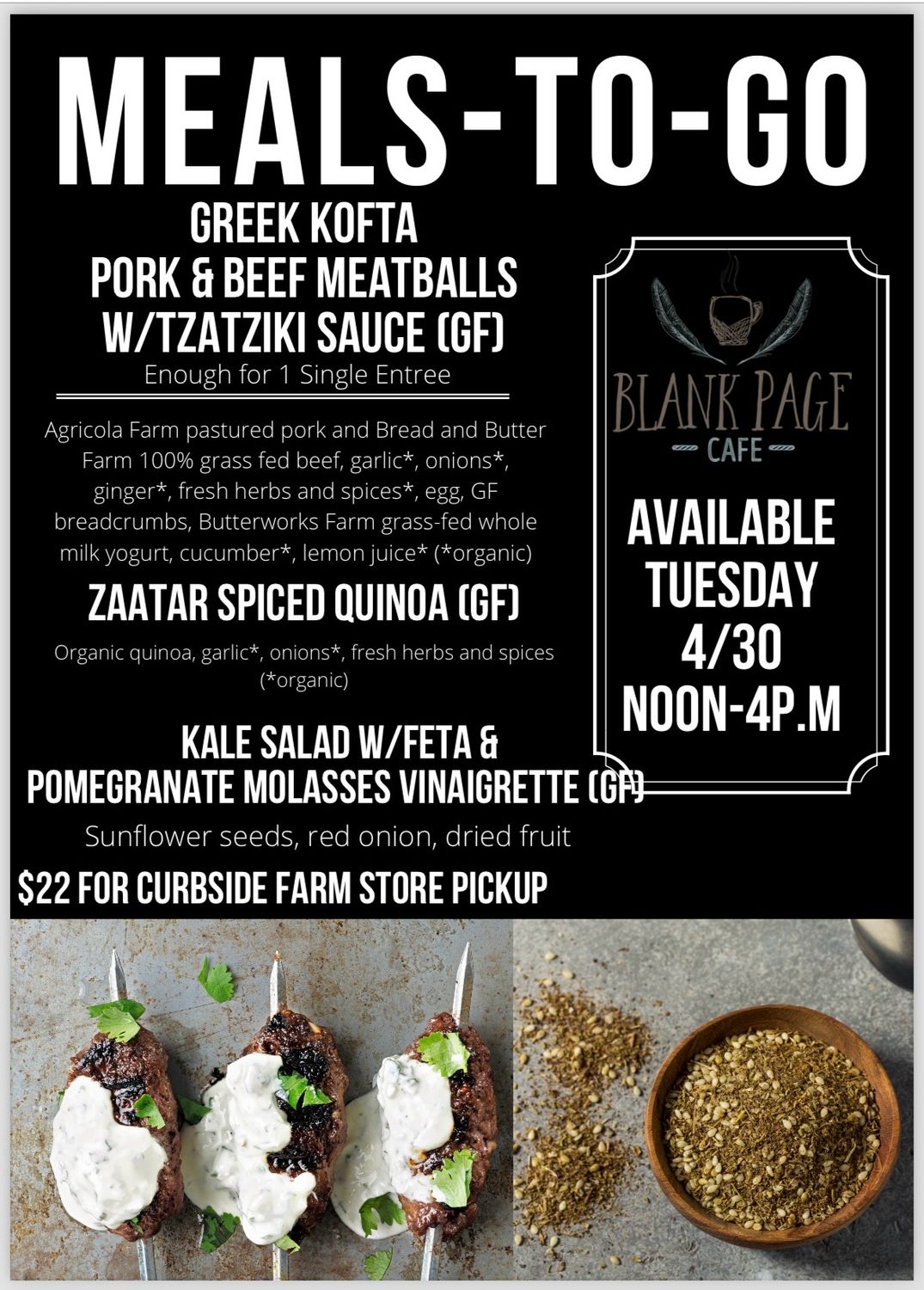 Tuesday 4/30 NOON-4PM PICKUP - Greek Kofta Beef &amp; Pork Meatballs W/Tzatziki Sauce + Zaatar Spiced Quinoa + Kale Salad W/Feta &amp; Pomegranate Molasses Vinaigrette