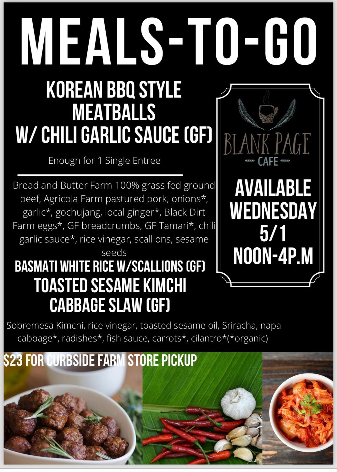 Wednesday 5/01 NOON-4PM PICKUP - Korean BBQ Style Meatballs W/Chili Garlic Sauce + Basmati White Rice W/Scallions + Crunchy Toasted Sesame Kimchi Cabbage Slaw