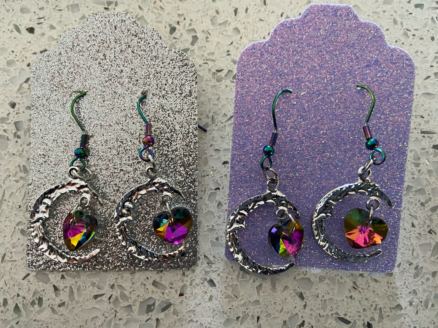 Rainbow Heart Moon Earrings