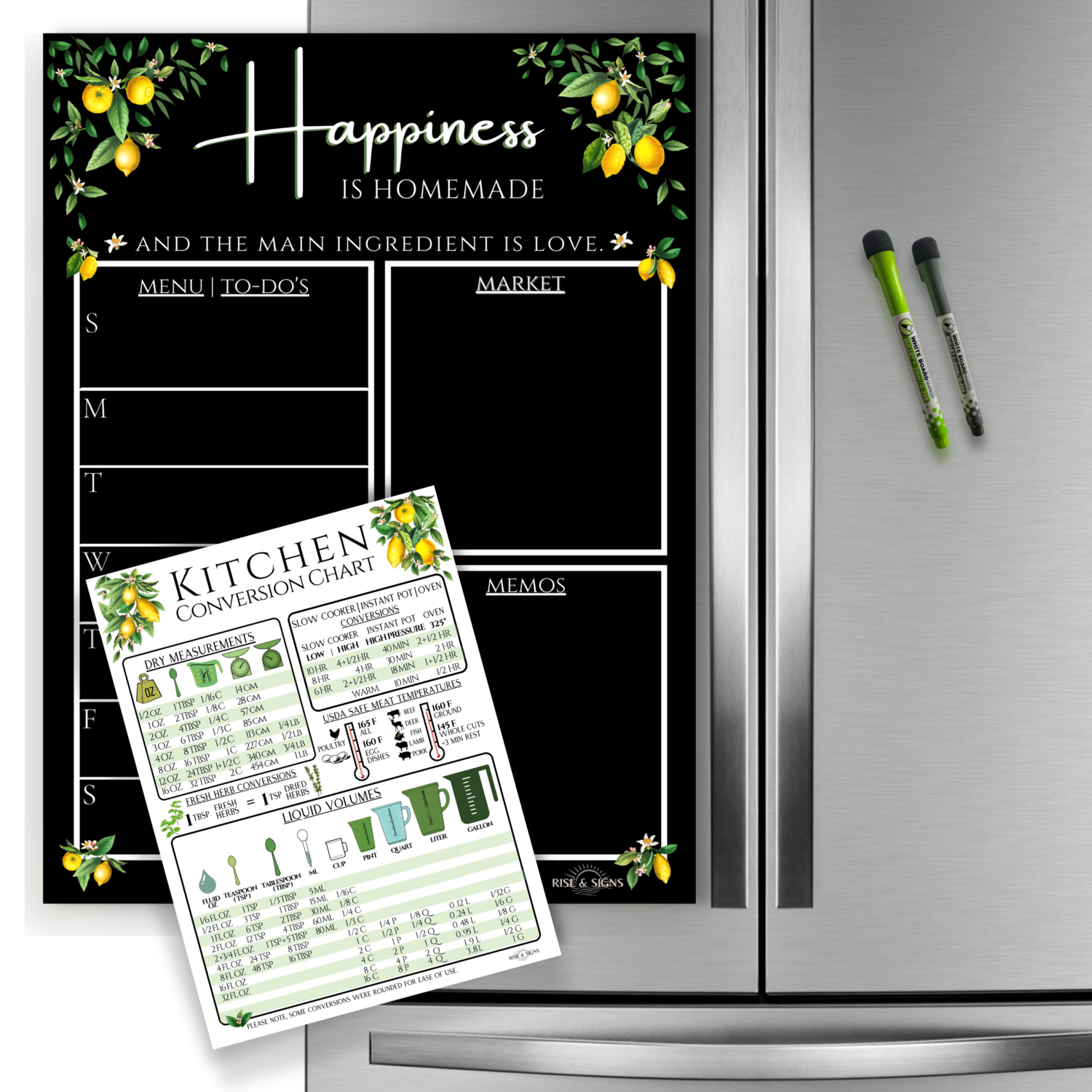 Menu Board for Kitchen Magnet | 12&quot;x16&quot; Modern Farmhouse Chic Fridge Meal Planner | Weekly Meal Planner Magnetic Menu for Refrigerator w/Kitchen Conversion Chart Magnet | Dinner Menu Board (Black)