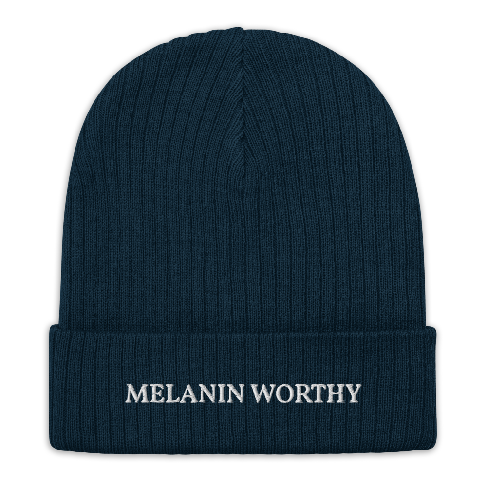 MELANIN WORHTY (WHITE) ECO FRIENDLY cuffed beanie (NAVY BLUE)