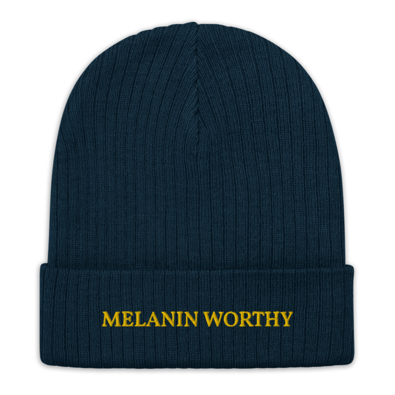 MELANIN WORHTY (YELLOW GOLD) ECO FRIENDLY cuffed beanie (NAVY BLUE)