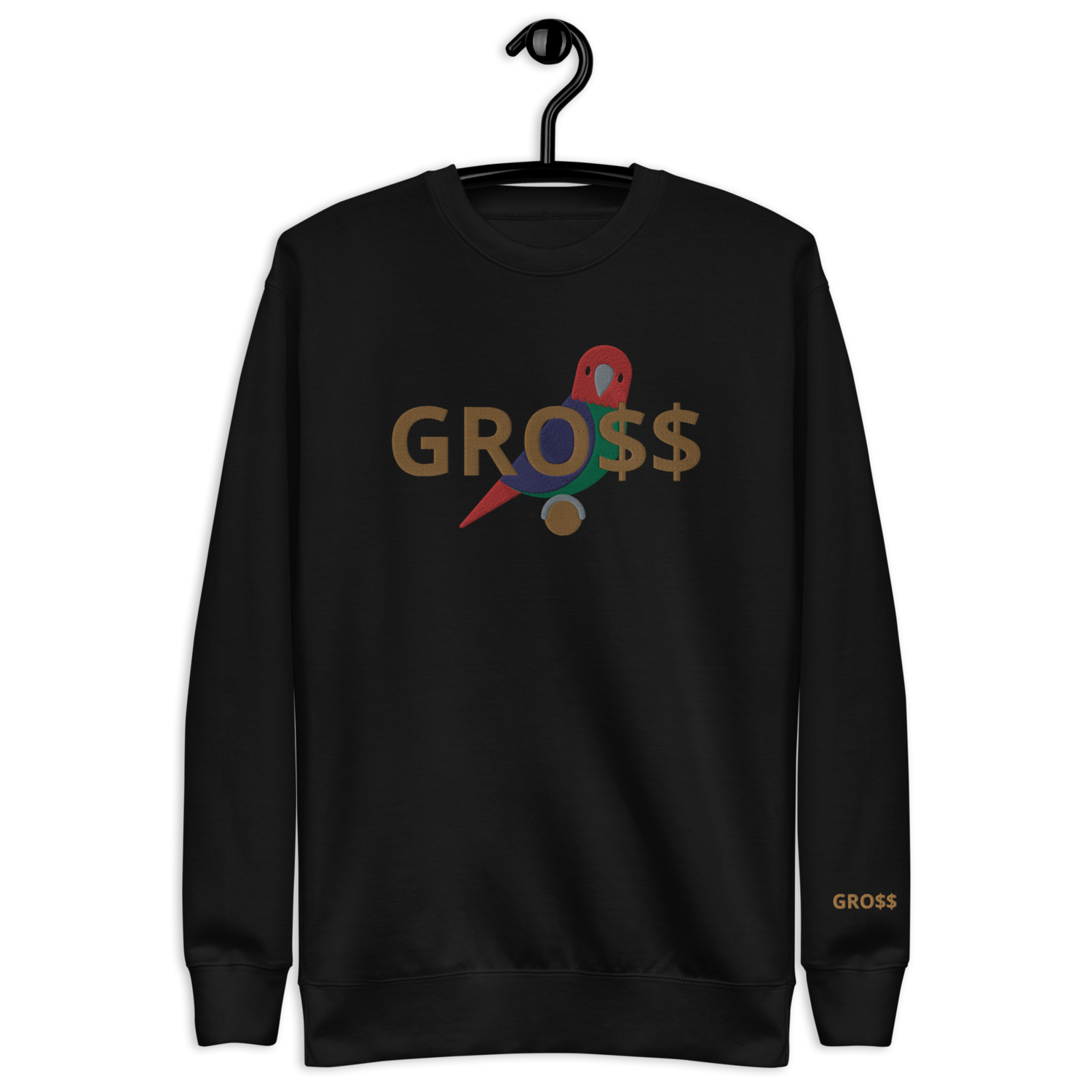 GRO$$ CLASSIC (OLD GOLD) SITTING PARROT (RED/GREEN/BLUE) Unisex Premium Sweatshirt