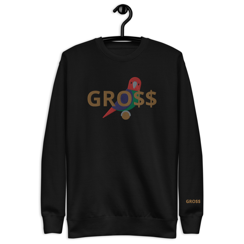 GRO$$ CLASSIC (OLD GOLD) SITTING PARROT (RED/GREEN/BLUE) Unisex Premium Sweatshirt