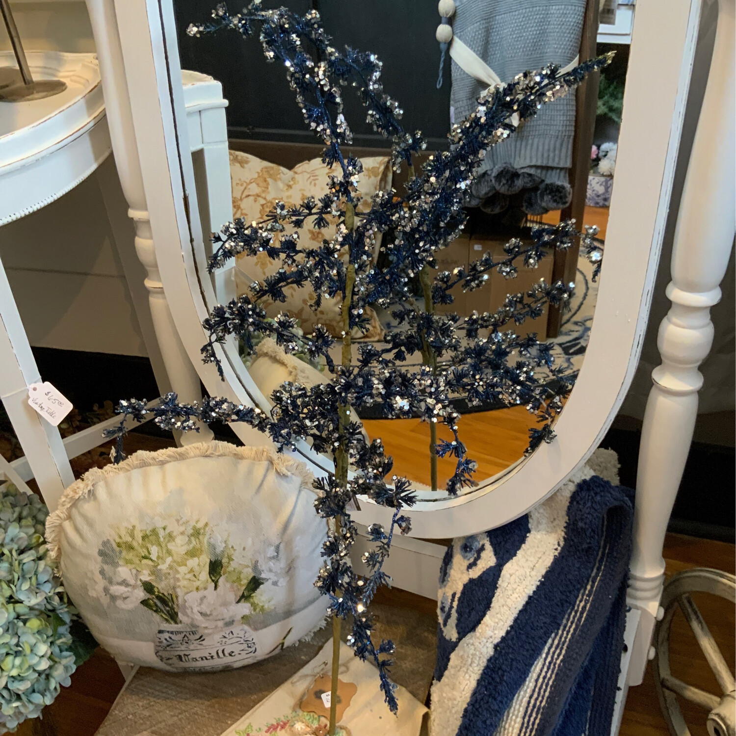 Blue Iced And Glittered Blossom Spray 27”