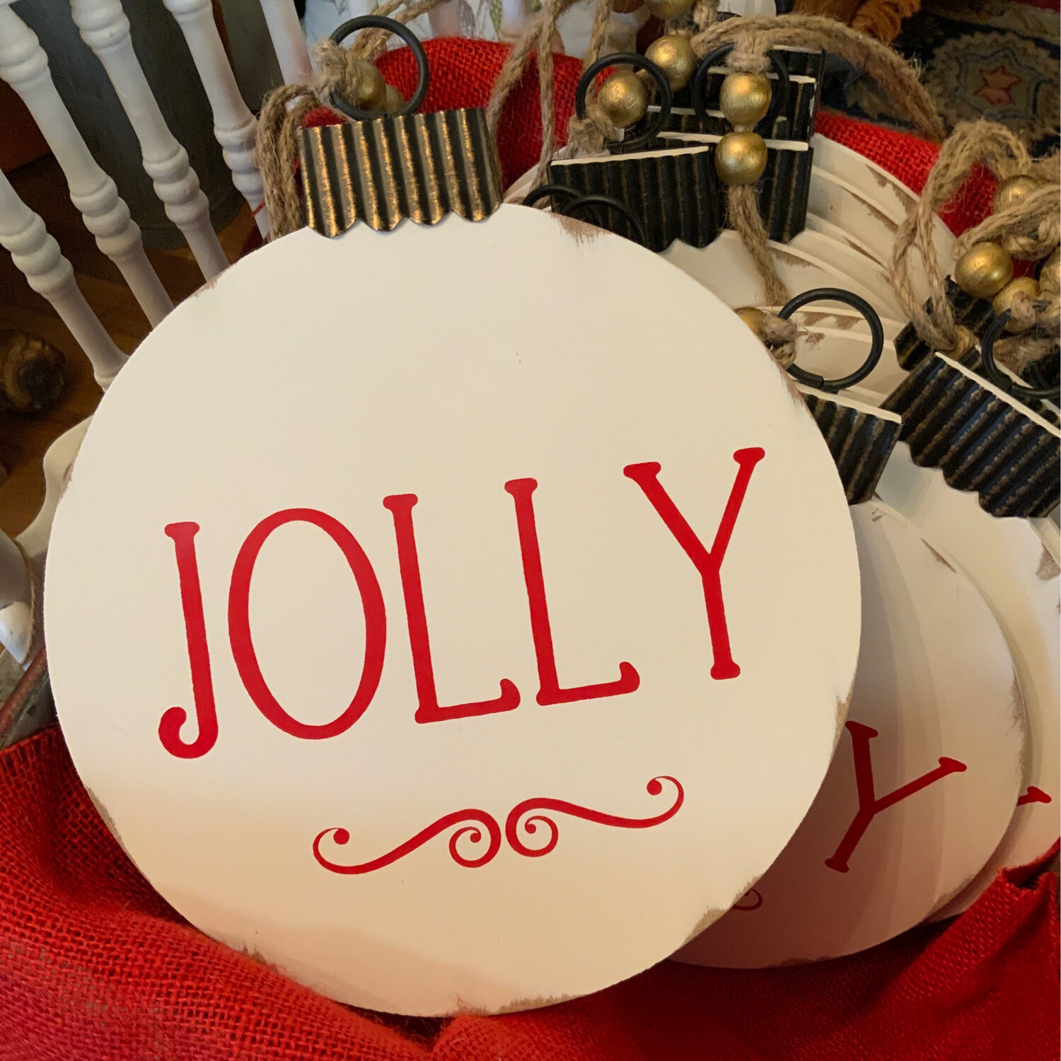 12” Wooden And Metal Ornament With Jute Rope Hanger “Jolly”