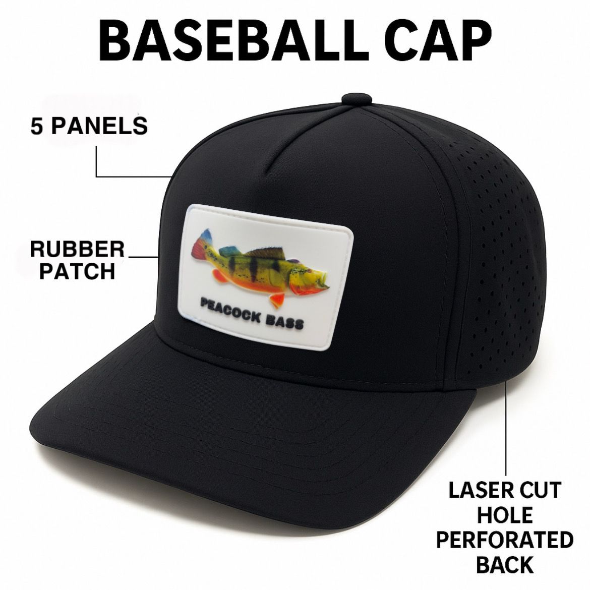 Snapback Cap Rubber Patch Peacock bass " WATERPROOF"