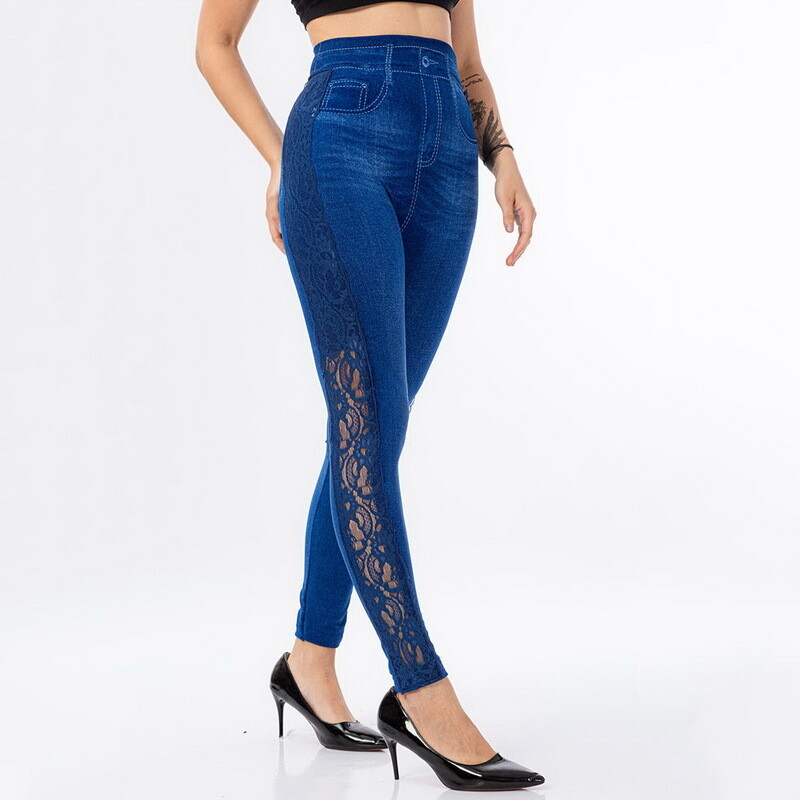 Blue Jean Print Leggings with Lace on Side