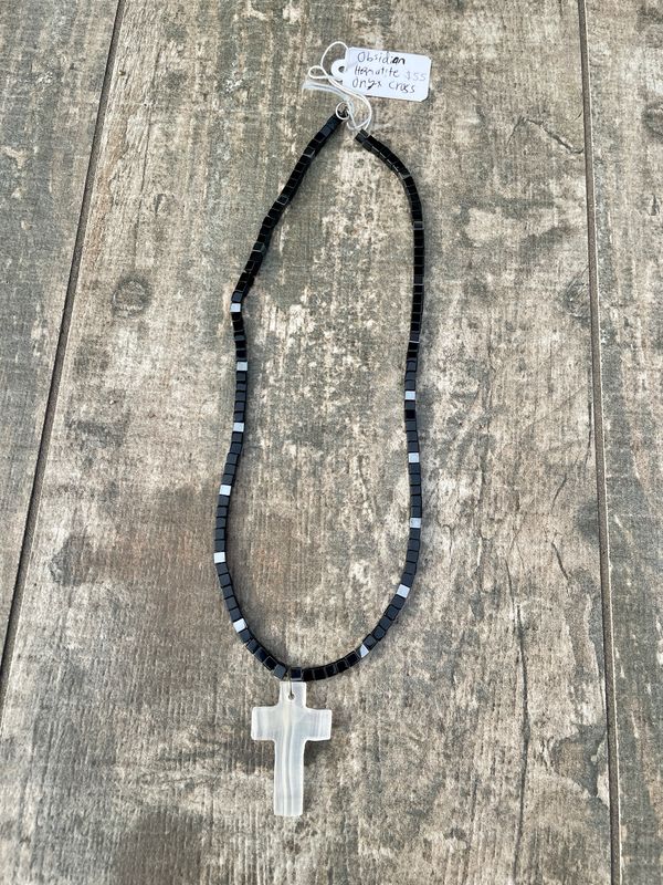 handmade obsidian hematite onyx cross necklace