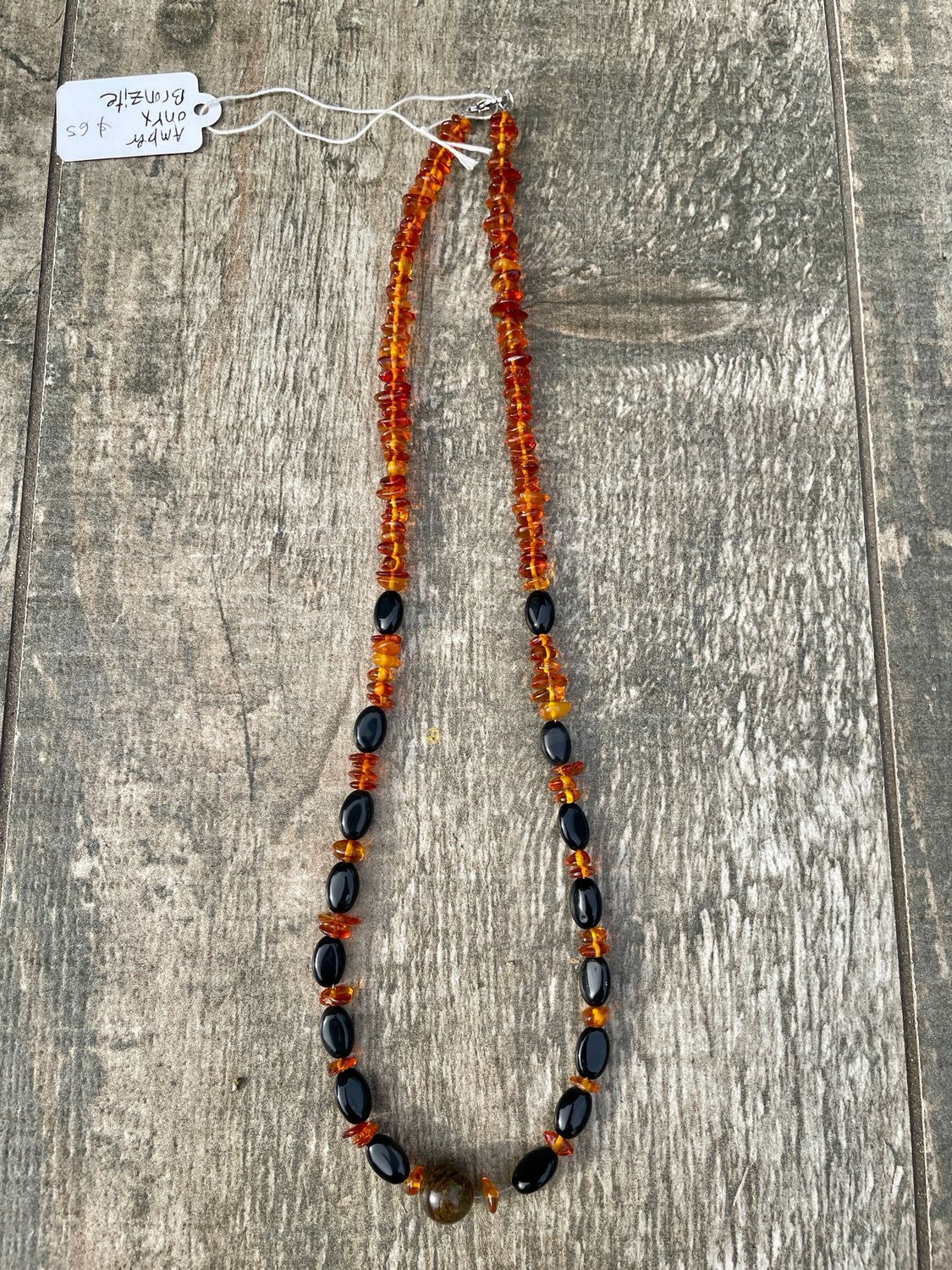 handmade amber onyx bronzite necklace