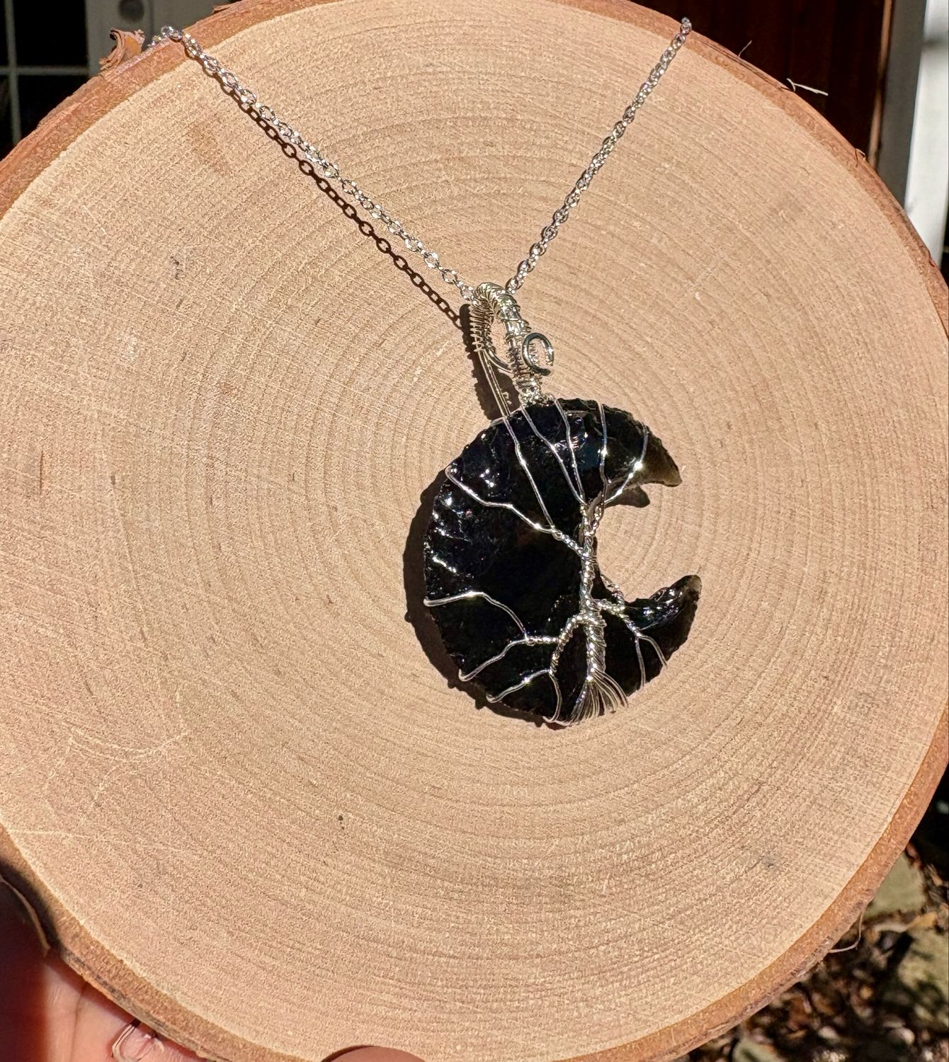 black obsidian moon tree of life necklace 1 1/2in