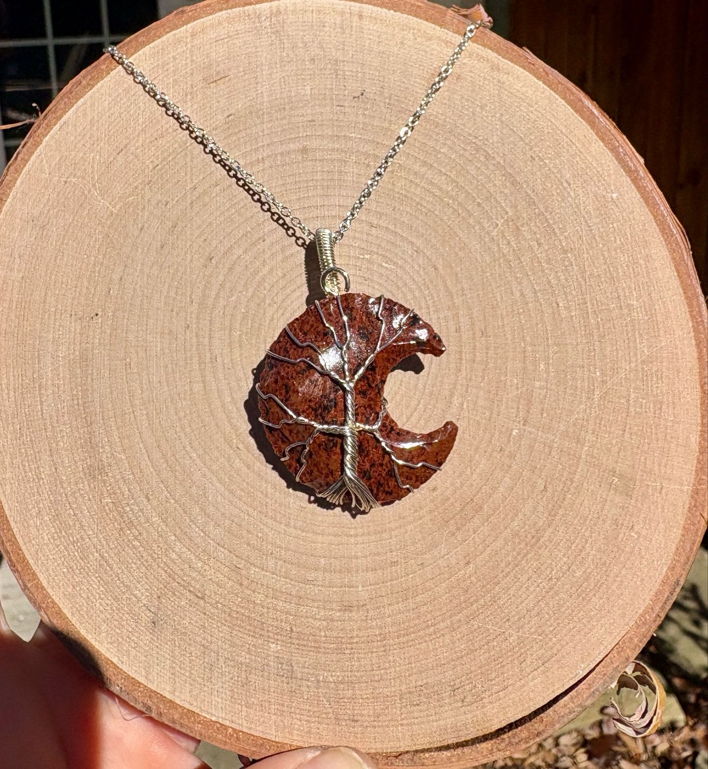 mahogany obsidian moon tree of life necklace 1 1/2in