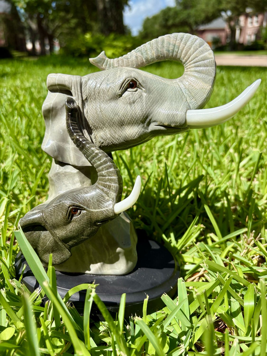 2 Elephant heads w/tusks carving 8”
