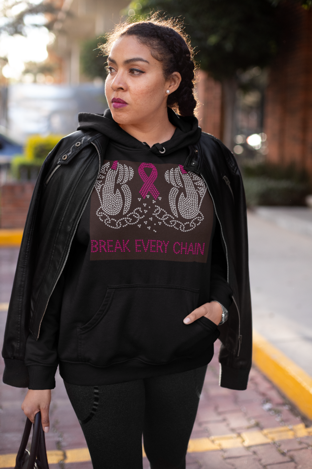 Breast Cancer Break Every Chain Rhinestone Hoodie