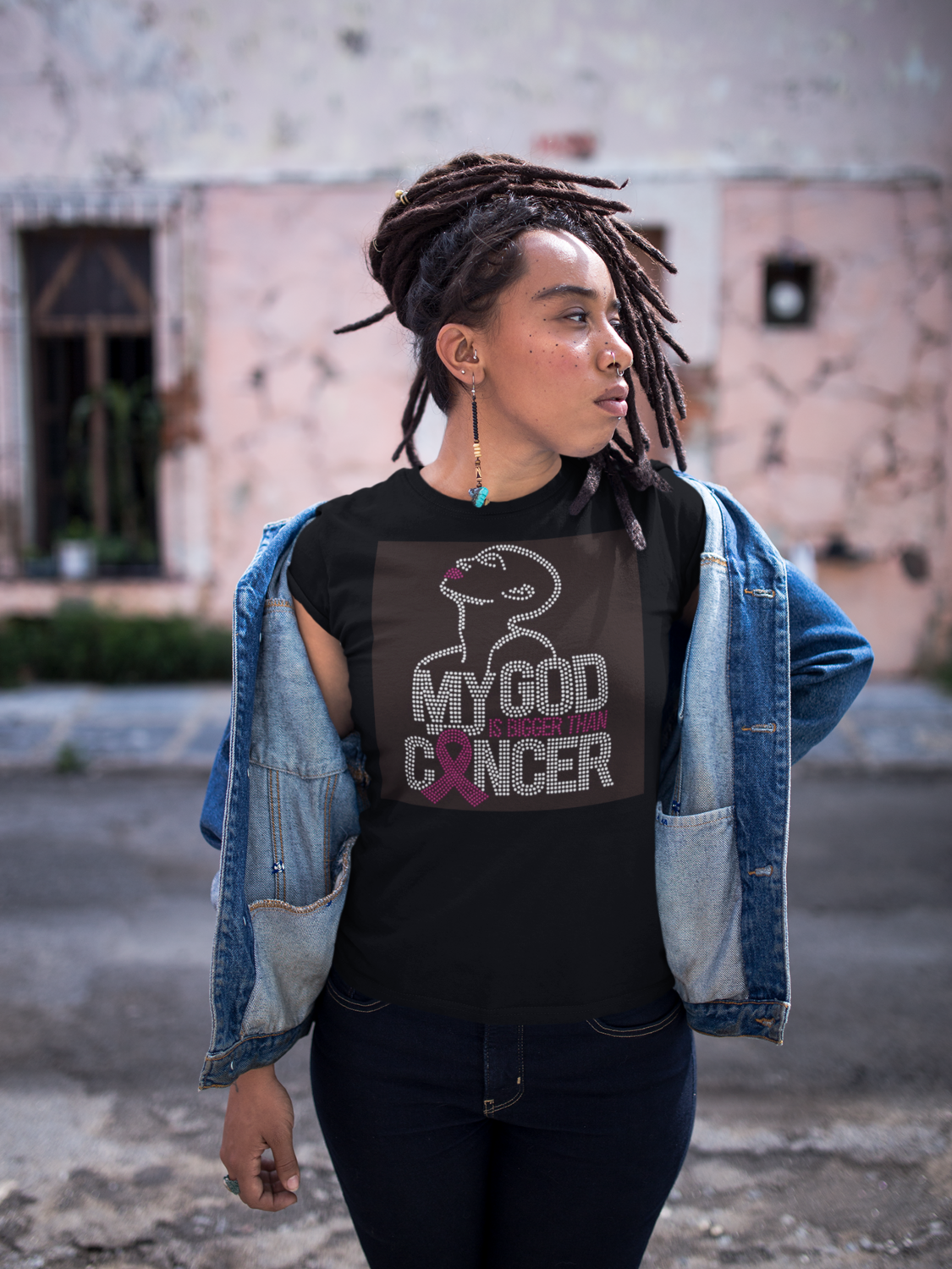 Breast Cancer My God is Bigger than Cancer Rhinestone TShirt