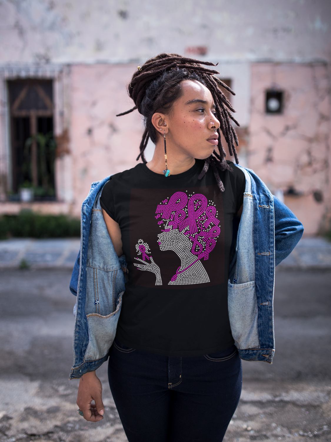 Breast Cancer Afro Girl Rhinestone TShirt 