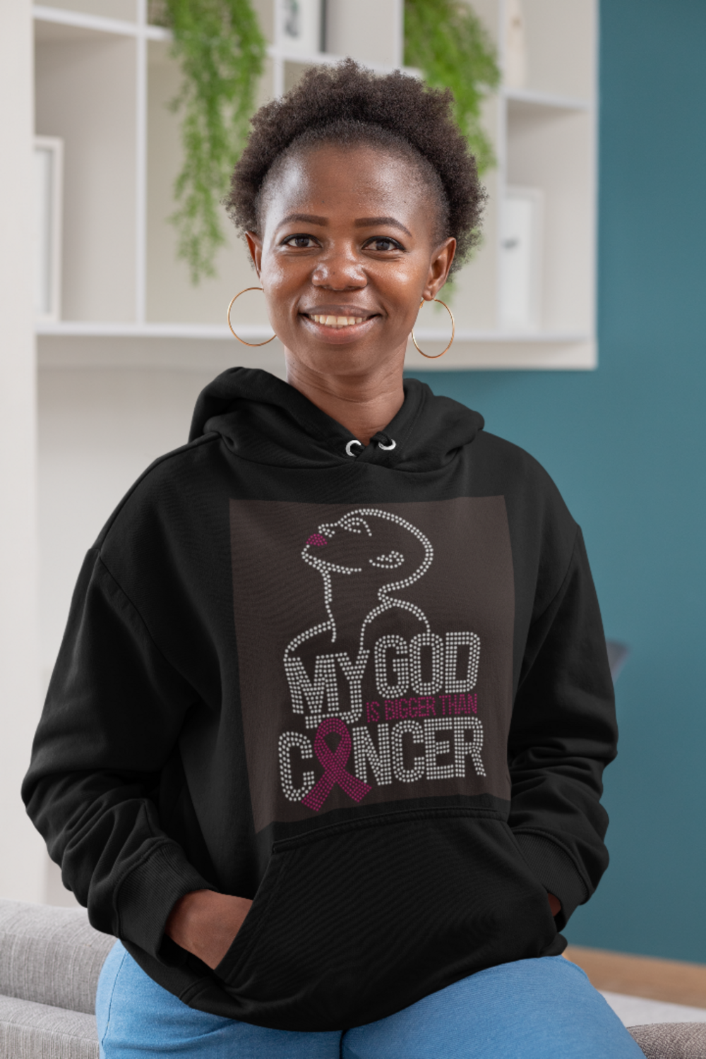 Breast Cancer My God is Bigger than Cancer Rhinestone Hoodie
