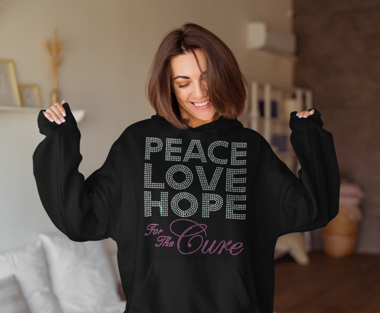 Breast Xancer Love Peace and Hope Rhinestone Hoodie