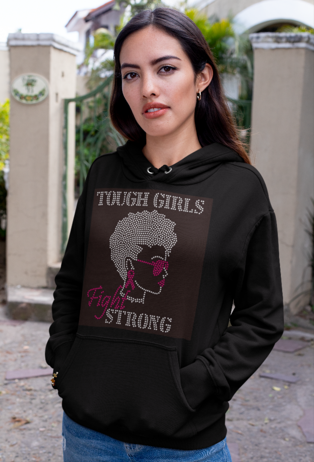 Breast Cancer Tough Girls Strong Rhinestone Hoodie