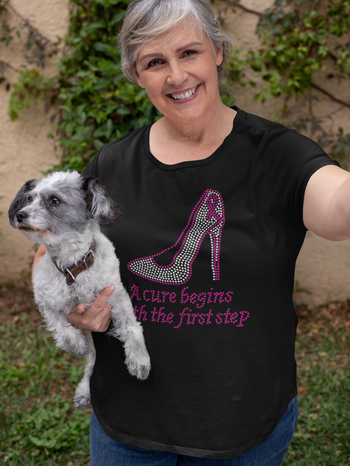 Breast Cancer A Cure starts with the 1st step Rhinestone TShirt 