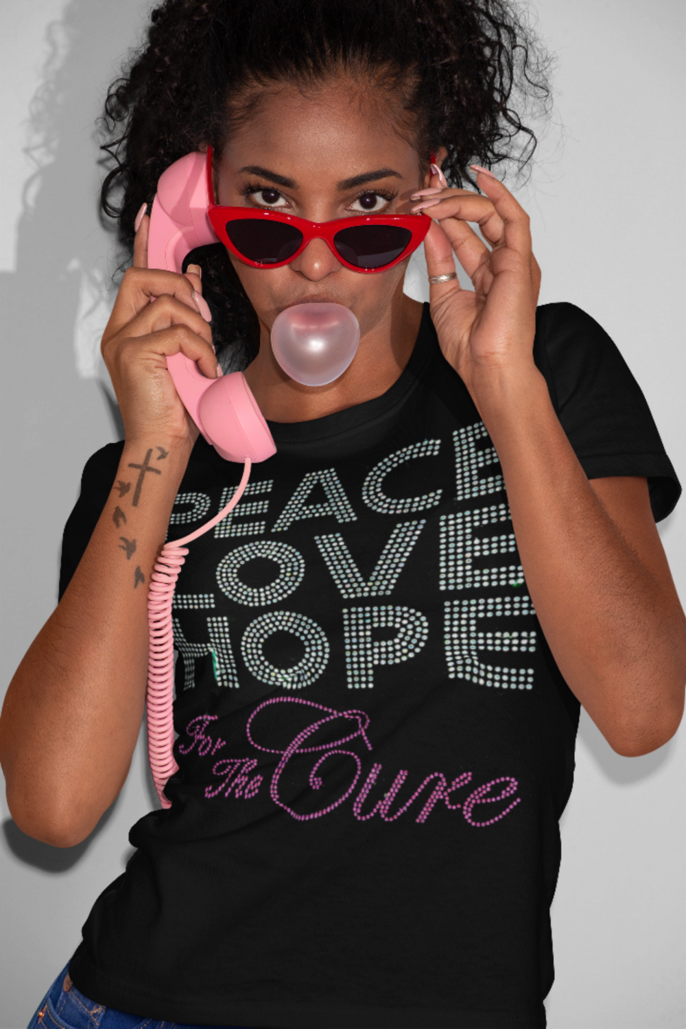 Breast Cancer Peace Love and Hope for Cure Rhinestone TShirt 