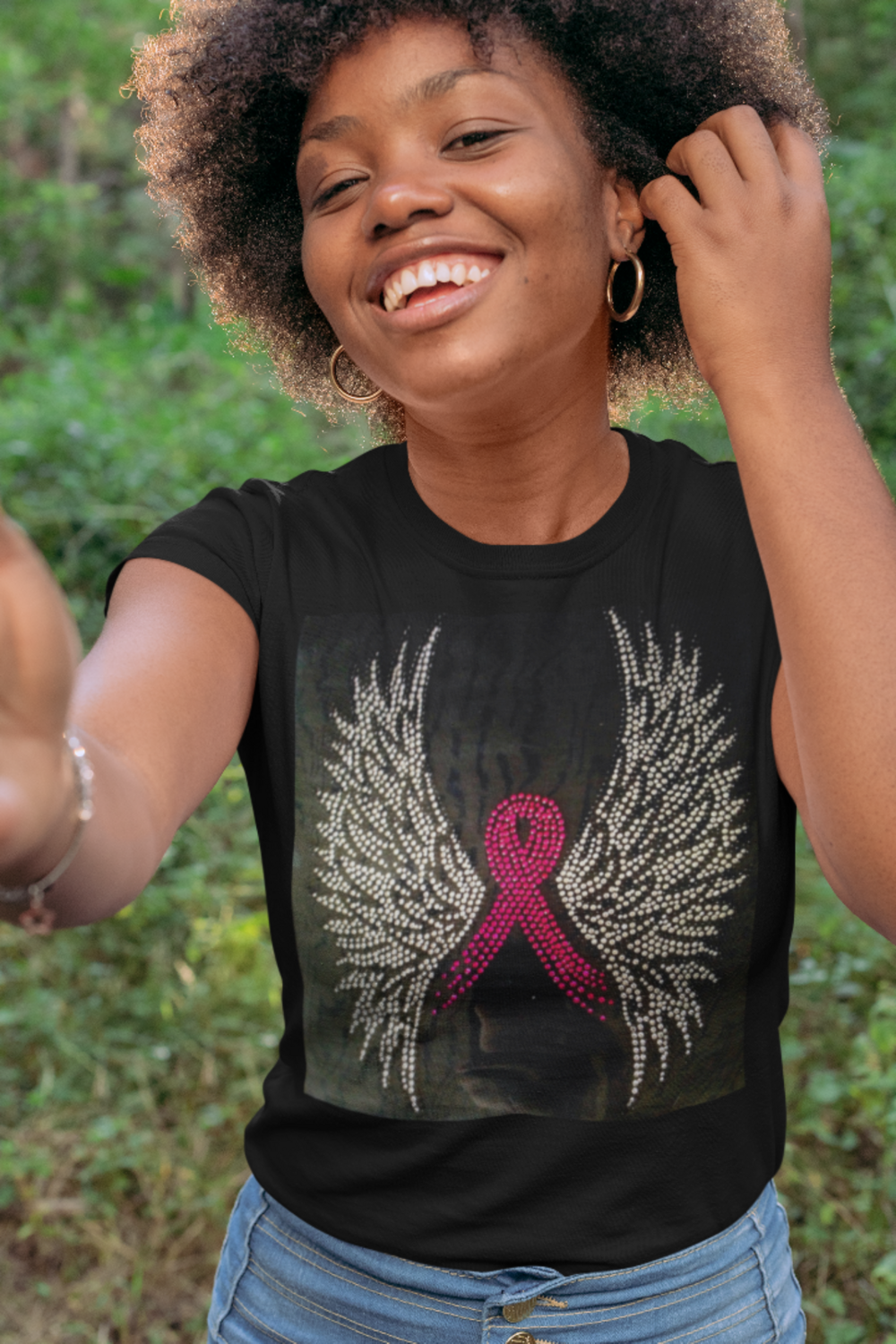 Breast Cancer Ribbon &amp; Wings Rhinestone TShirt