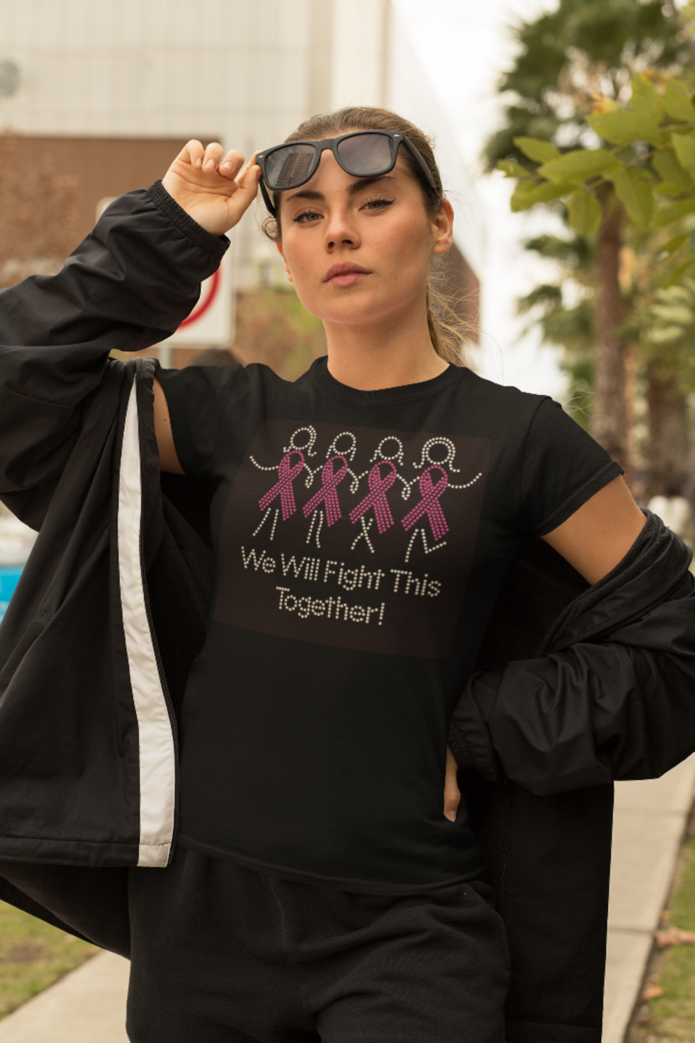 Breast Cancer We will fight this together Rhinestone TShirt 