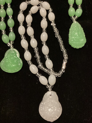 Hand Carved Green/White Colored Glass Buddha Necklaces