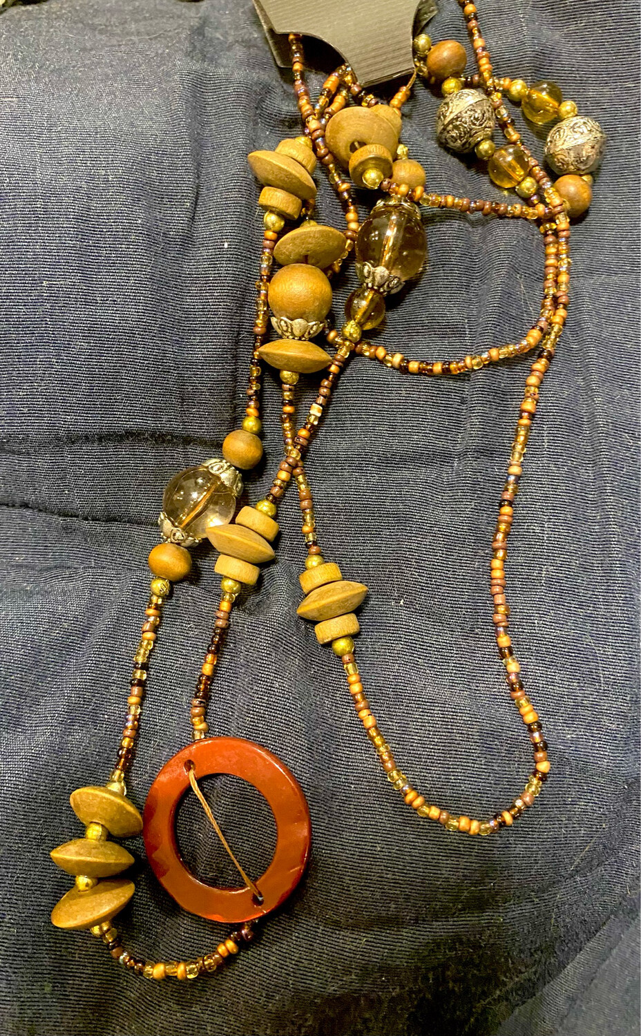 Long Wooden And Glass Beads Necklace