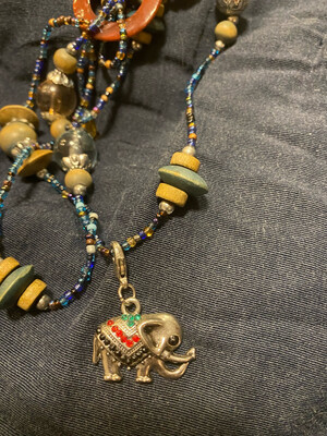 Long Elephant And Wooden Beads Necklace