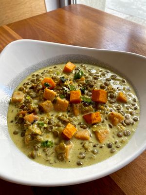 Green Lentil Curry with Sweet Potato Platter (Vegan)