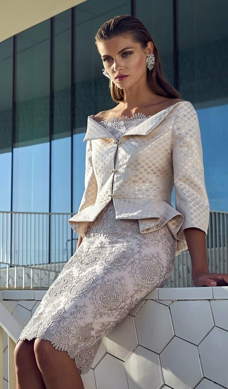 Carla Ruiz Gold Lace Dress &amp; peplum Jacket