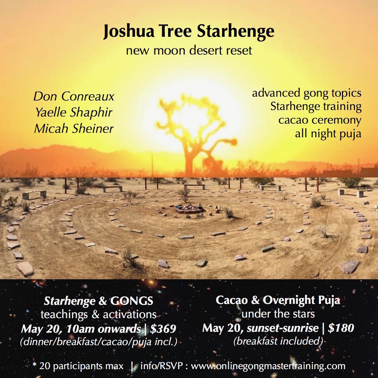 MAY 20-21 2023
STARHENGE ADVANCED GONG MASTERY STUDY with Don Conreaux, Micah Sheiner, Yaelle E. Shaphir, L.Ac + New Moon Cacao Gong All Night Gong Puja under the stars