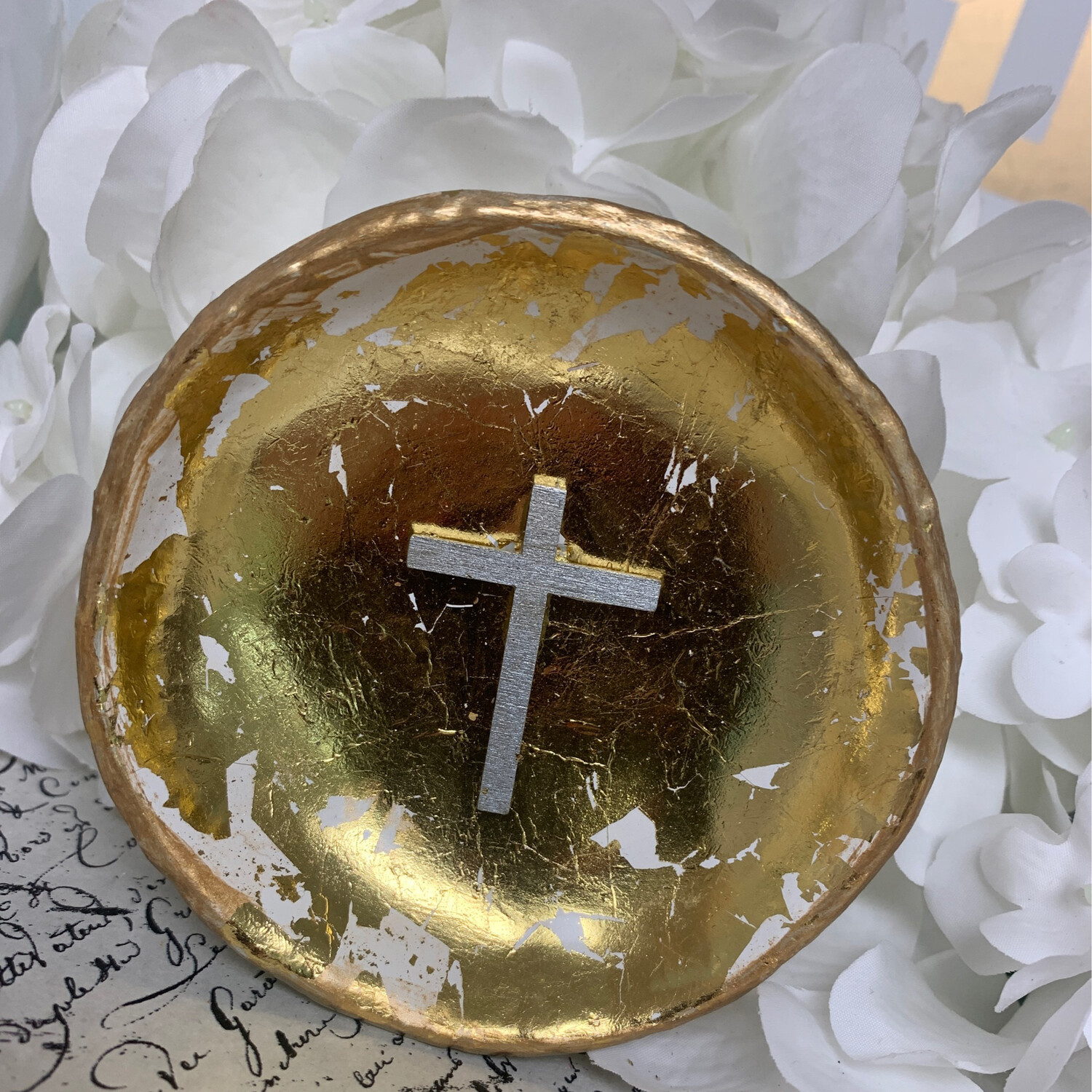 Trinket Dish Gold With Silver Cross