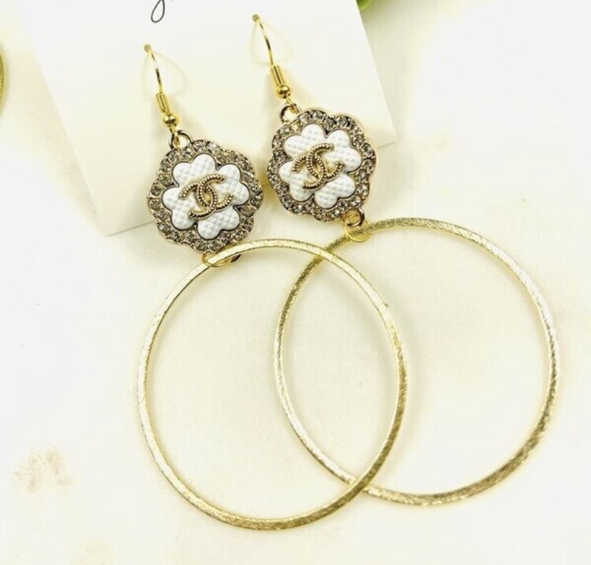 SJ Designer Earrings Button Hoops White CC