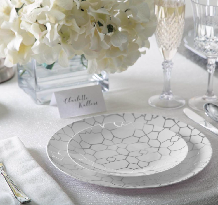 Luxe Dessert Plates Round White With Silver Pattern
