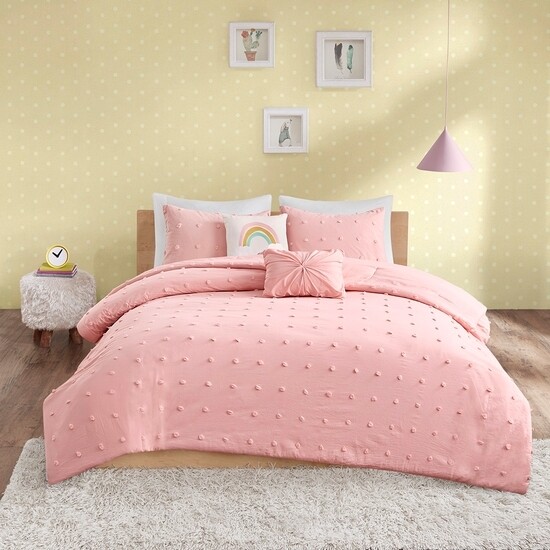 Pom-Pom Rainbow Comforter Set Twin Pink