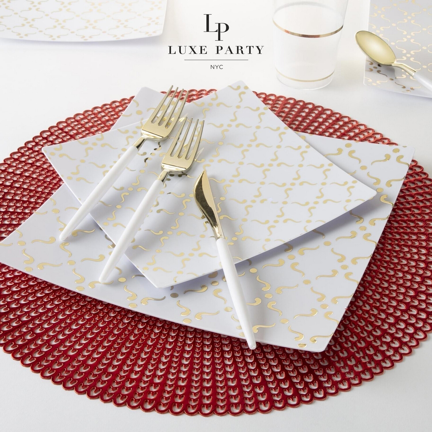 Lux Dinner Plates Square White Gold Design 