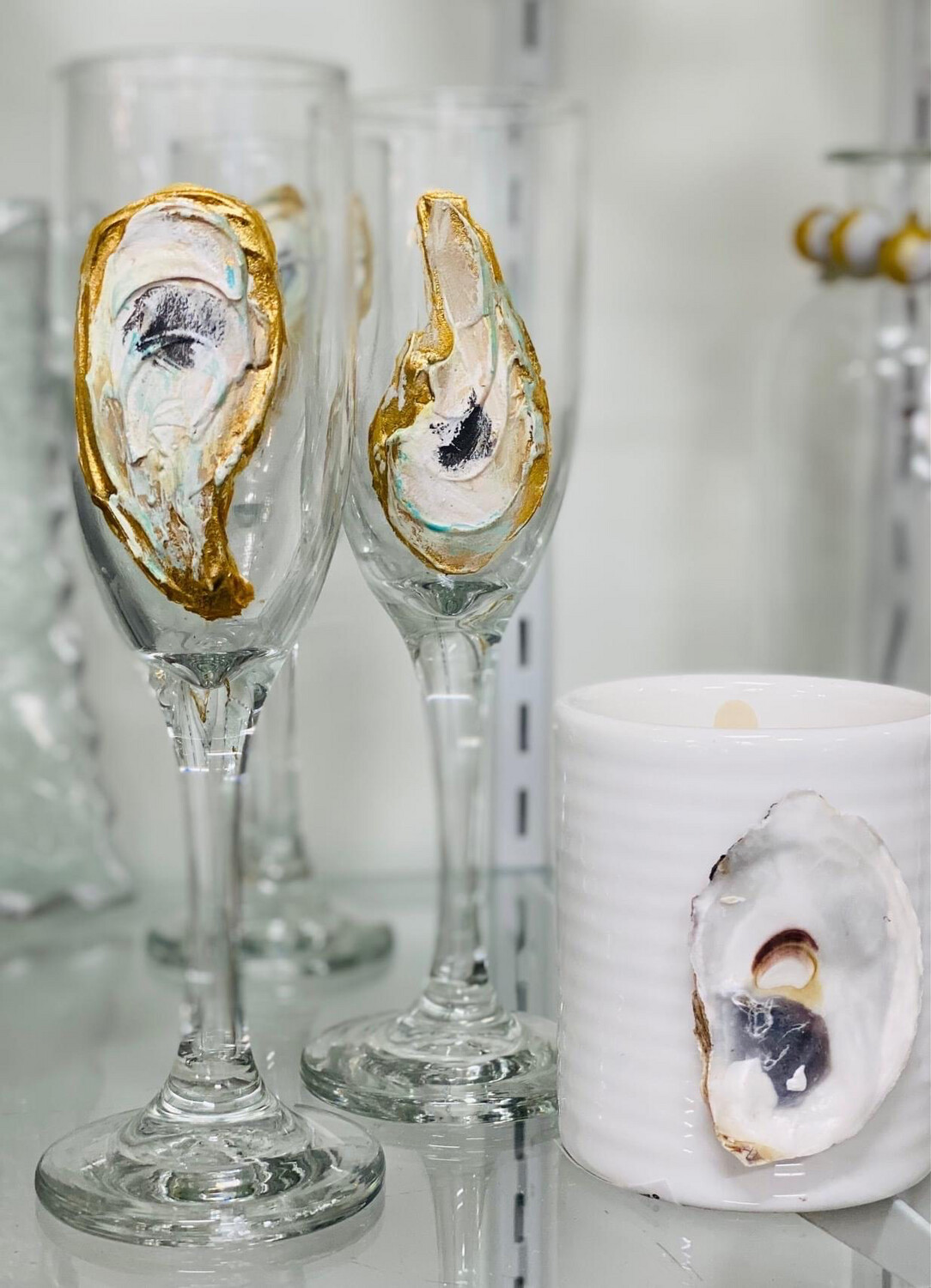 Hand Painted Stemmed Champagne Glass "Oyster Love"