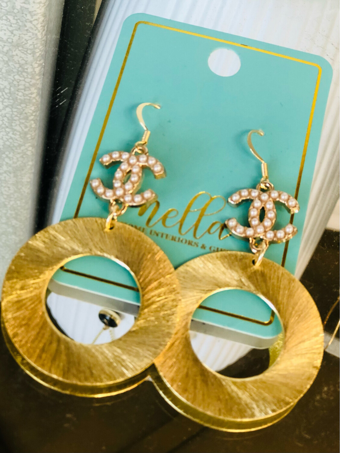 Designer Inspired Earrings Pearl CC Hoop
