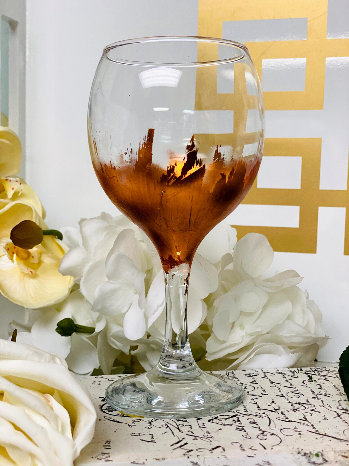 Hand Painted Stemmed Wine Glass "Rose Golden Goddess"