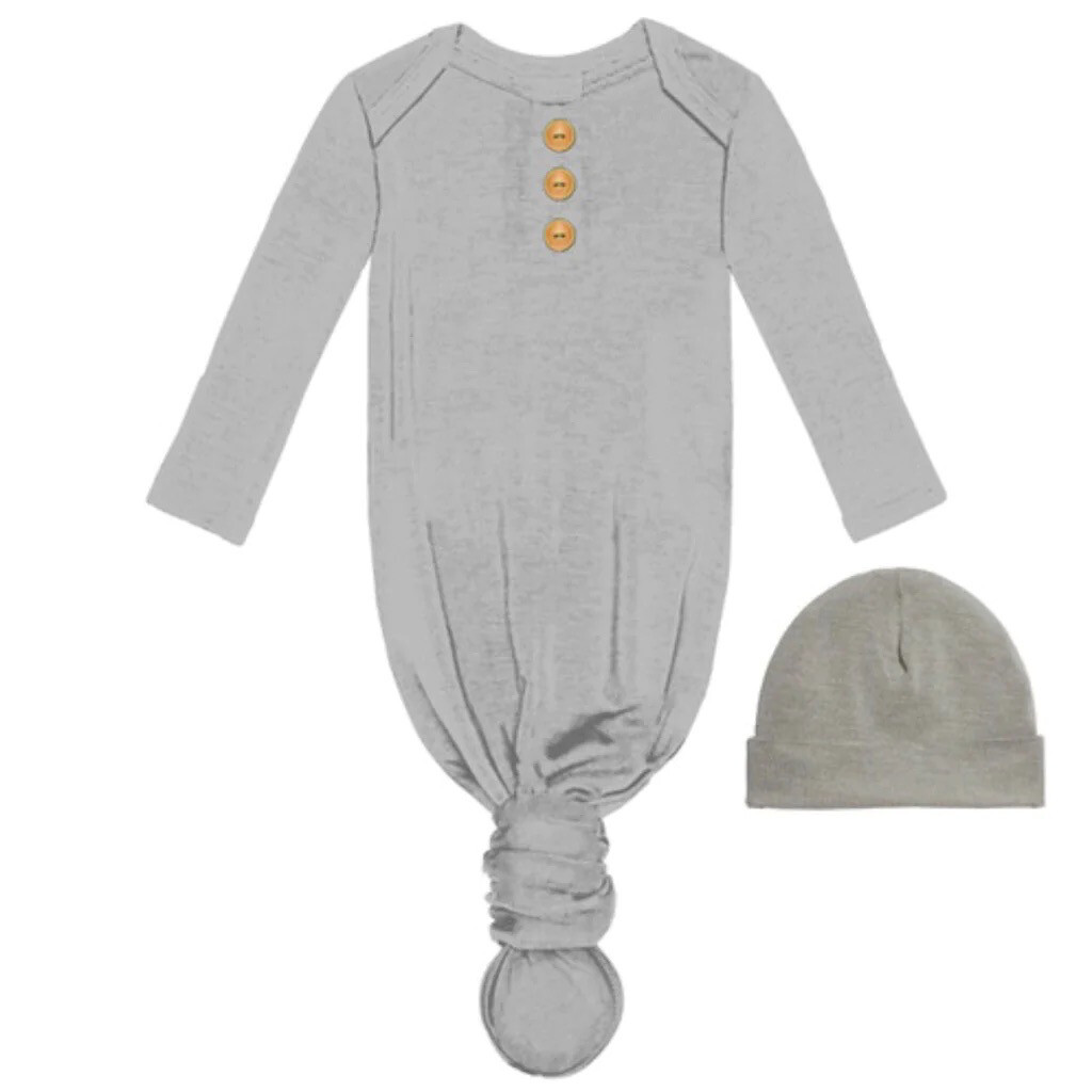 Infant gown and hat set grey