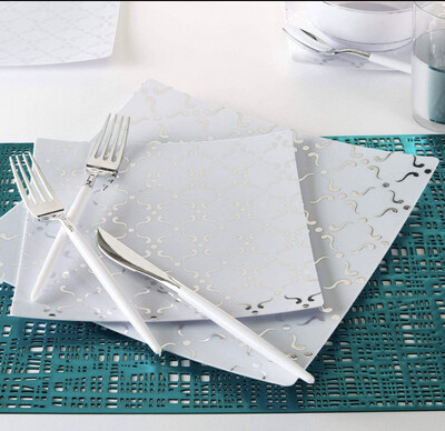 Luxe Dinner Plates Square White Silver Design