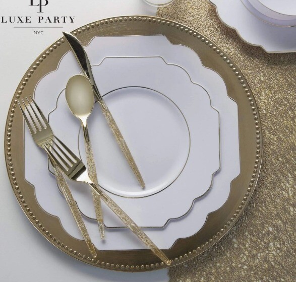 Luxe Dessert Plates Scalloped White w/Gold Rim
