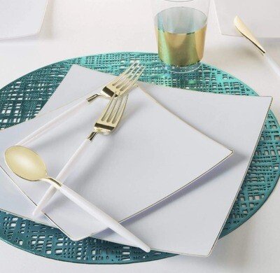 Luxe Dessert Plates Square White w/Gold Rim