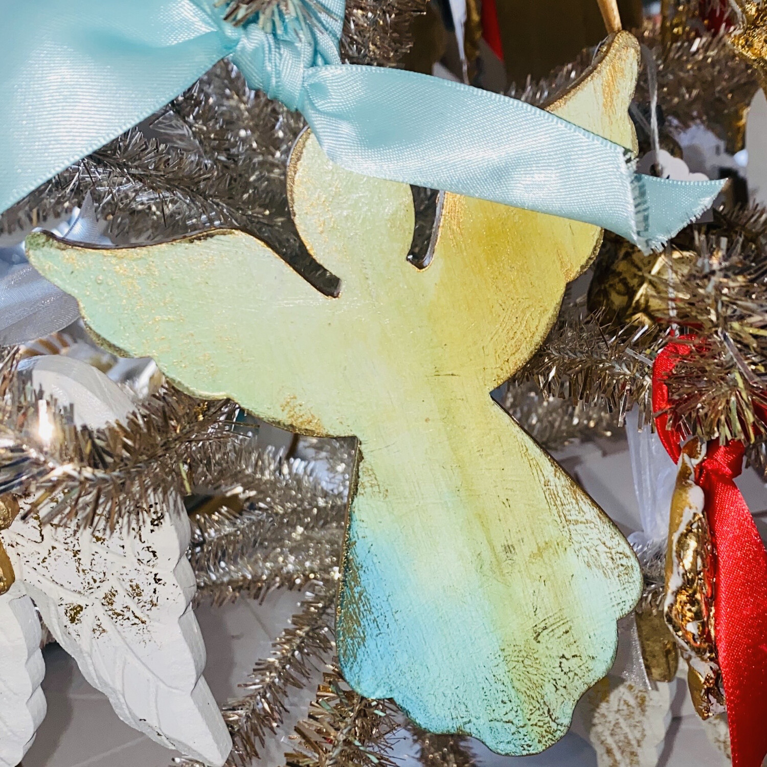 Nella Original Wood Ornament "CHRISTMAS ANGEL" Blue Ribbon