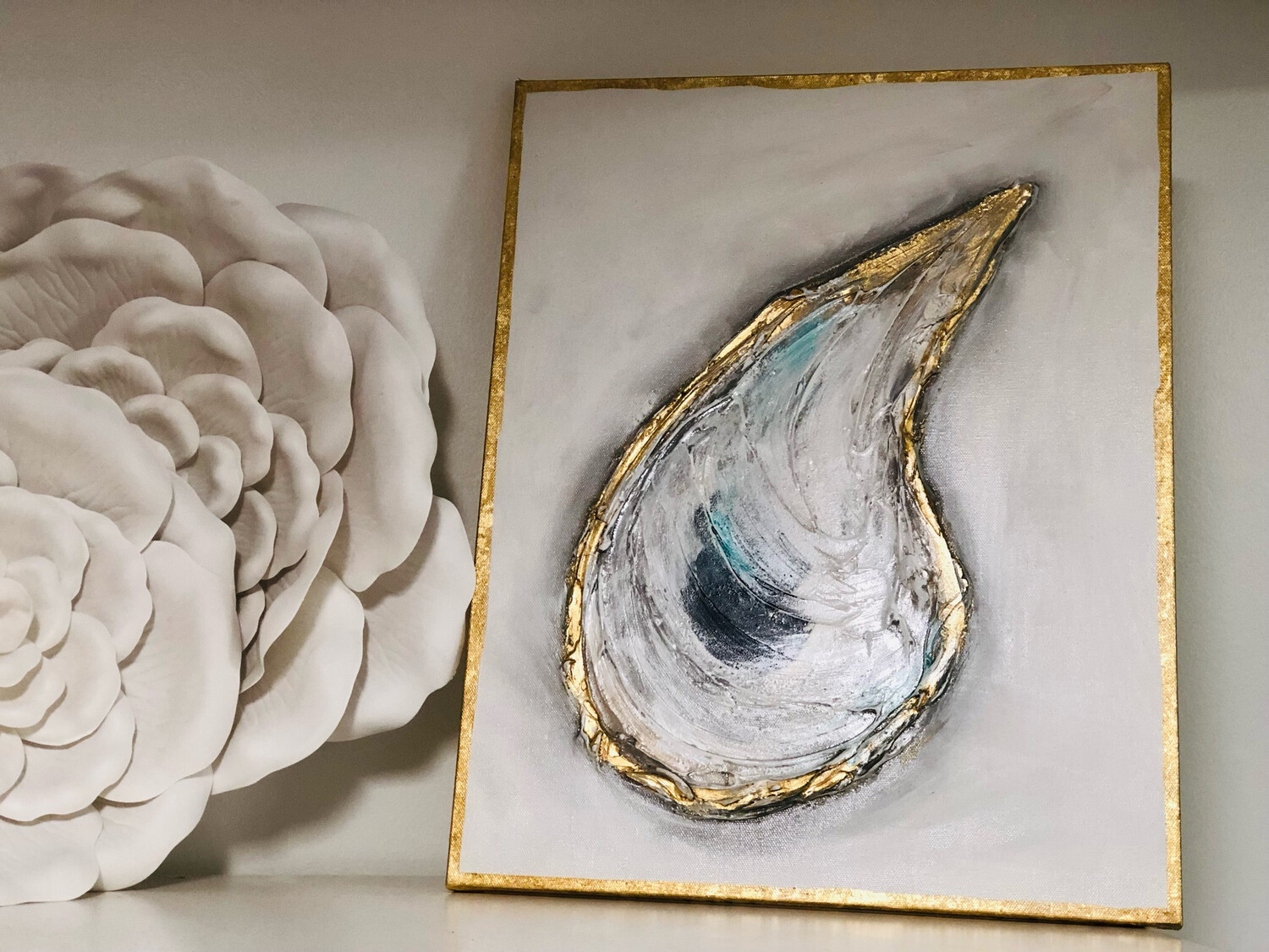 Nella Original Painting 16x20 "Oyster Love" Gold Edge Blue