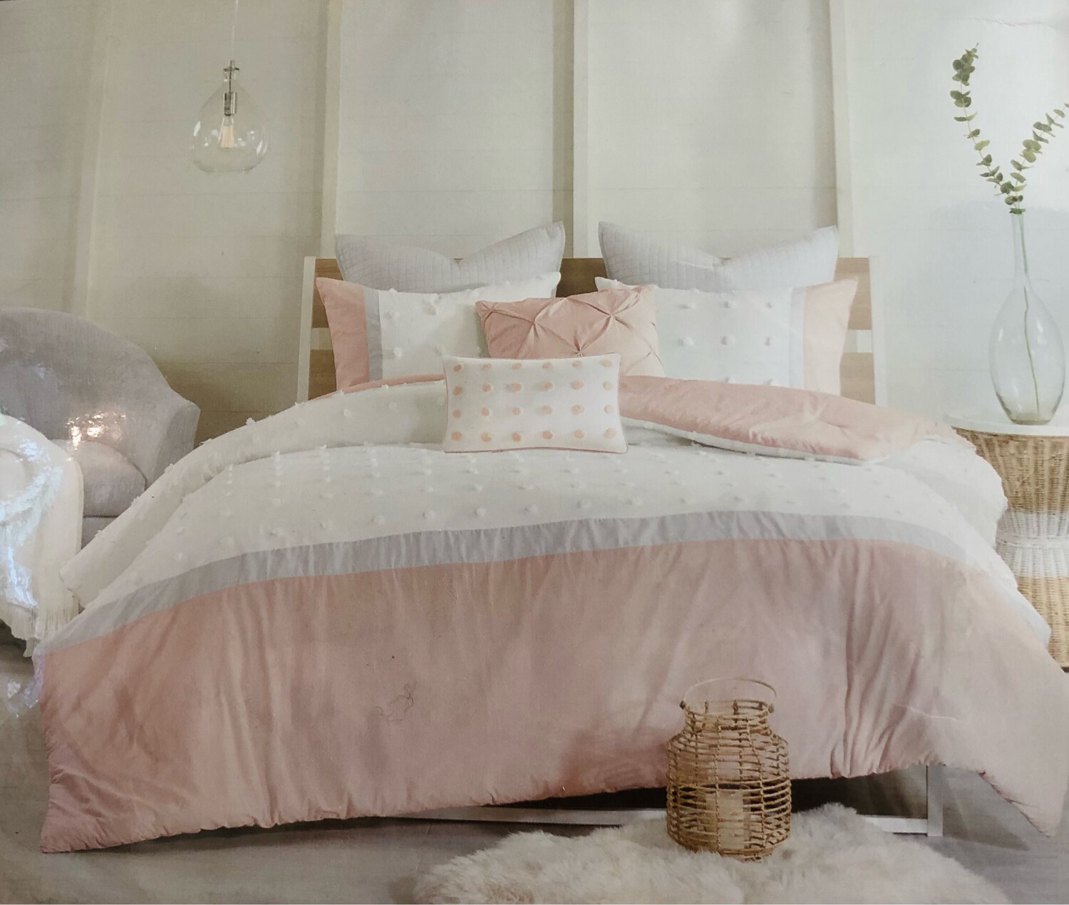 Grey/Pink Stripe Comforter Set Full/Queen