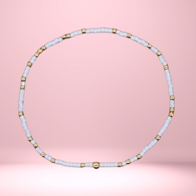 Beaded Stretch Bracelet-White & Gold Clear